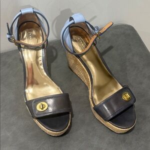 Coach Navy and Light Blue Wedge Sandals